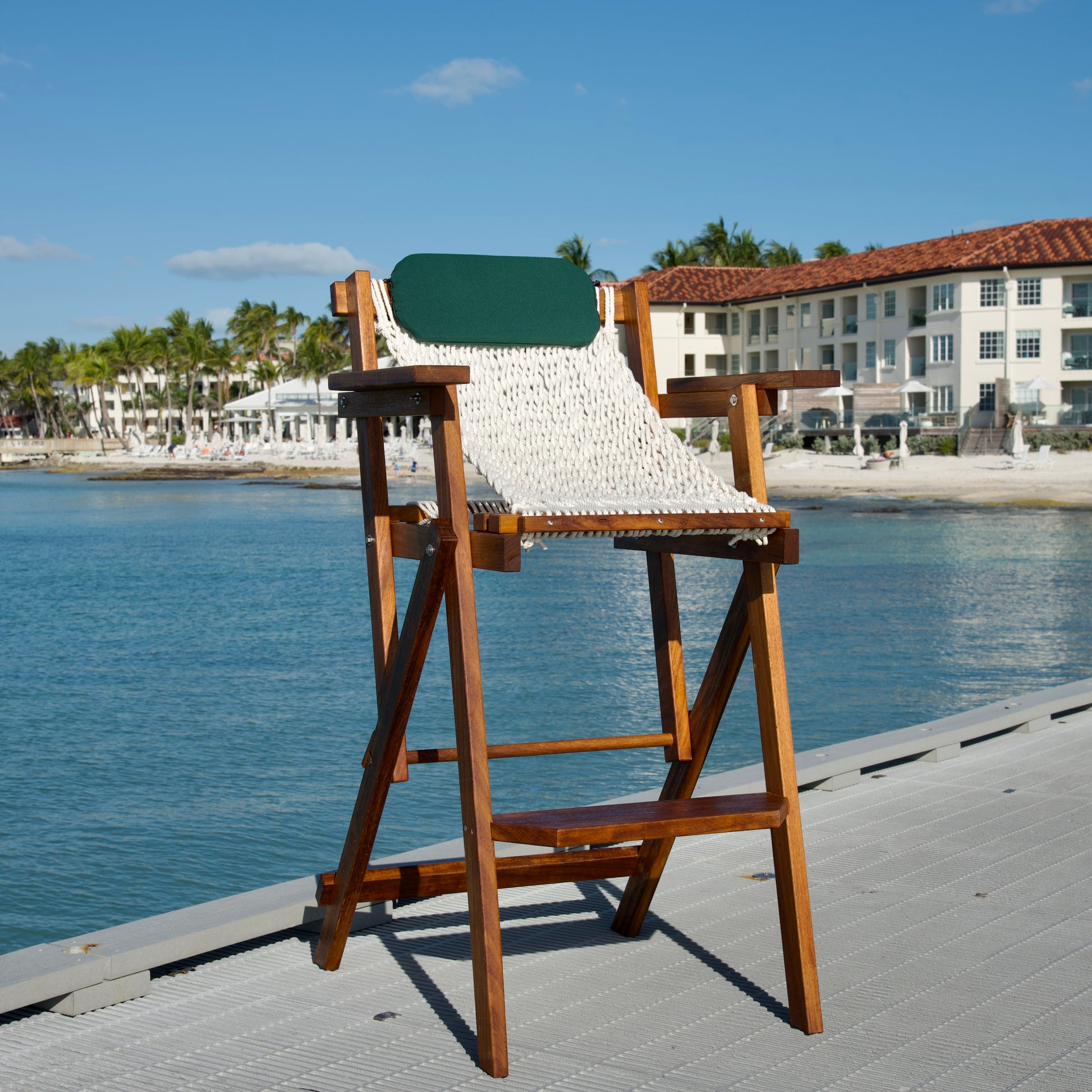 directors chair made from wood and rope on a dock