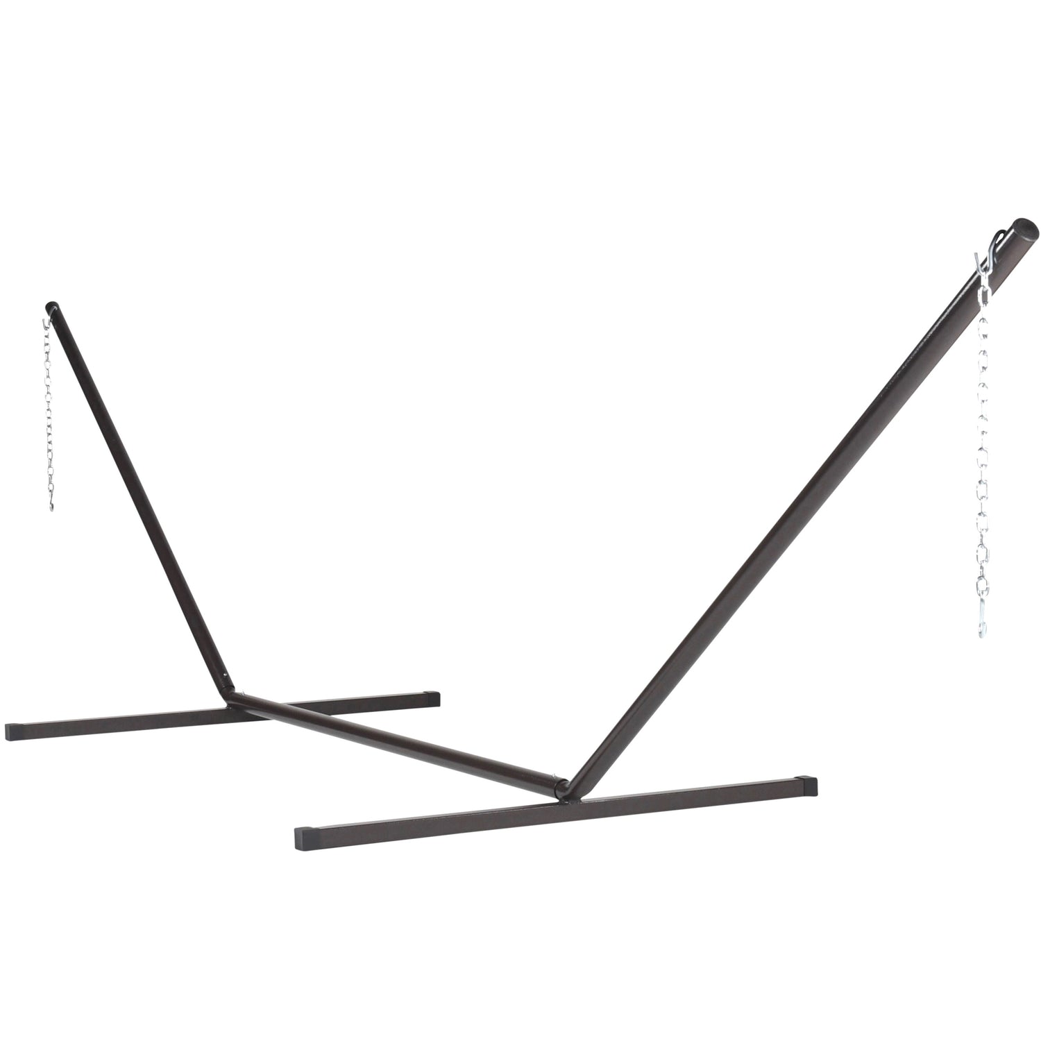 a mocha colored metal hammock stand