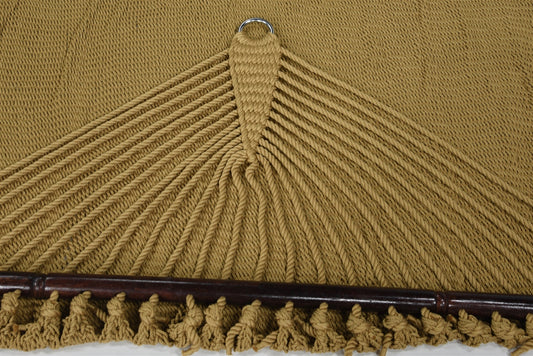 Close-up of the end cords and stainless steel O-ring on the Tan Jumbo Caribbean Hammock