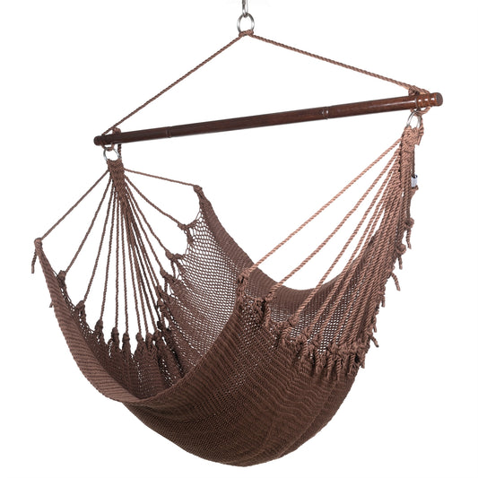 Jumbo Caribbean Hammock Chair in mocha, hand-woven polyester cord with a dark hardwood spreader bar and tasseled ends, on a white background