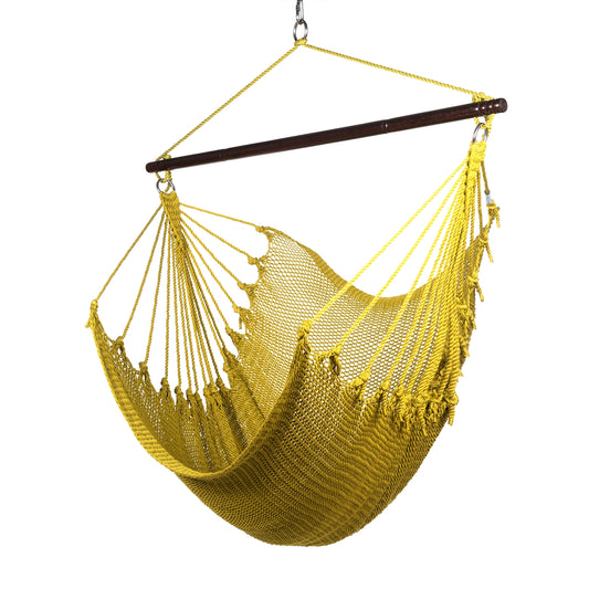 Jumbo Caribbean Hammock Chair in olive, hand-woven polyester cord with a dark hardwood spreader bar and tasseled ends, on a white background