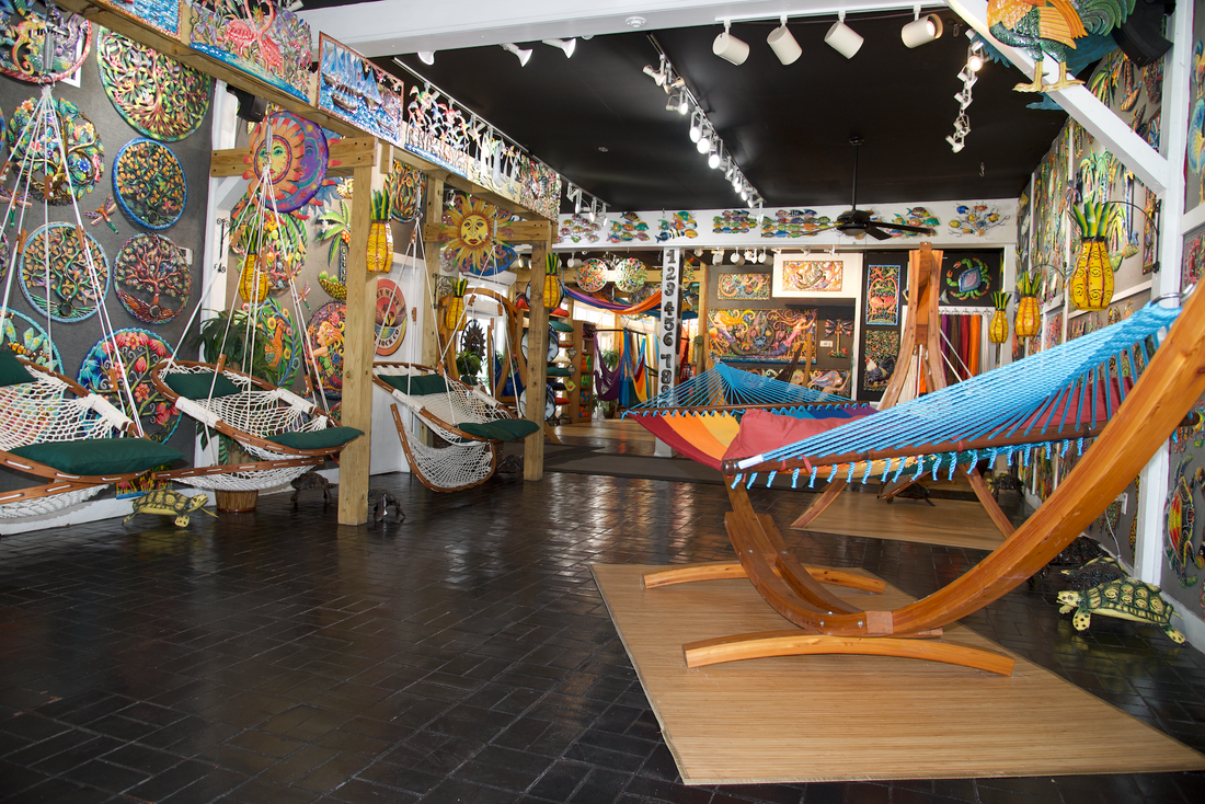 inside a colorful hammock shop