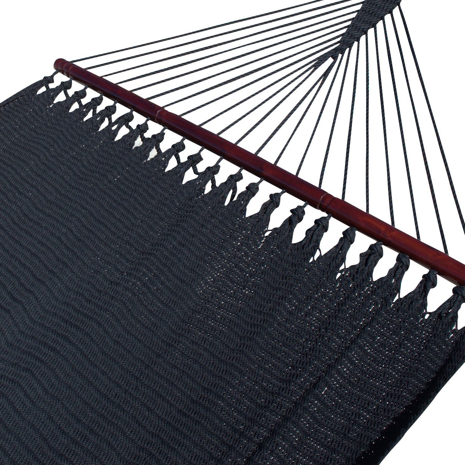 Black Double Caribbean Hammock with its 48-inch hardwood spreader bar and fanned end cords