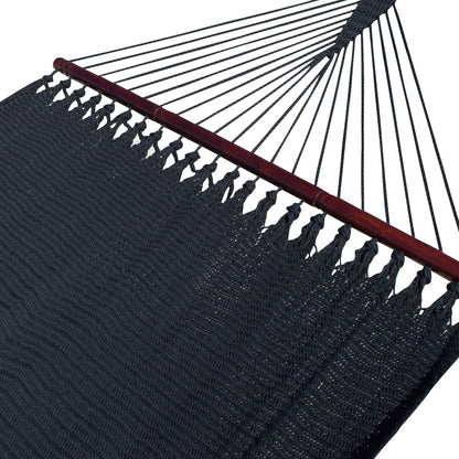 Black Double Caribbean Hammock with its 48-inch hardwood spreader bar and fanned end cords