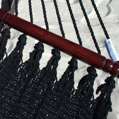 Close-up of the Caribbean Hammocks label on the end cords of the Black Double Caribbean Hammock