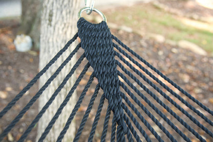 Clew knot on a Black Double Caribbean Hammock, polyester cords gathered into a stainless steel O-ring