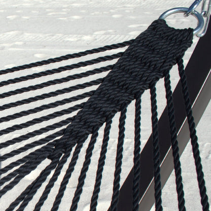 Close-up of the clew knot and stainless steel O-ring on the Black Double Caribbean Hammock