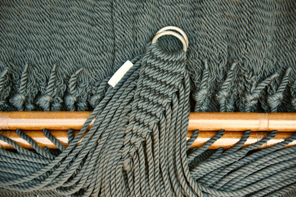 Stainless steel hanging rings, polyester end cords, and clew knot on a Black Double Caribbean Hammock