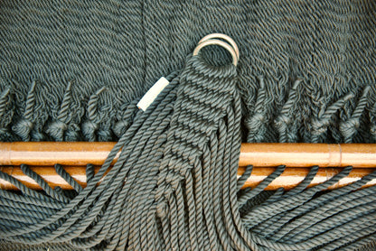 Stainless steel hanging rings, polyester end cords, and clew knot on a Black Double Caribbean Hammock