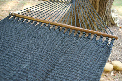 Hardwood spreader bar and fanned end cords on the Black Double Caribbean Hammock