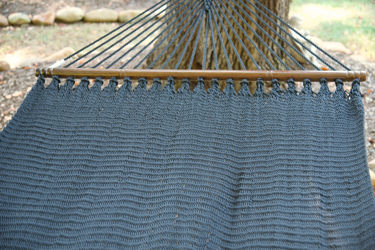 The full hand-woven bed of the Black Double Caribbean Hammock seen end to end