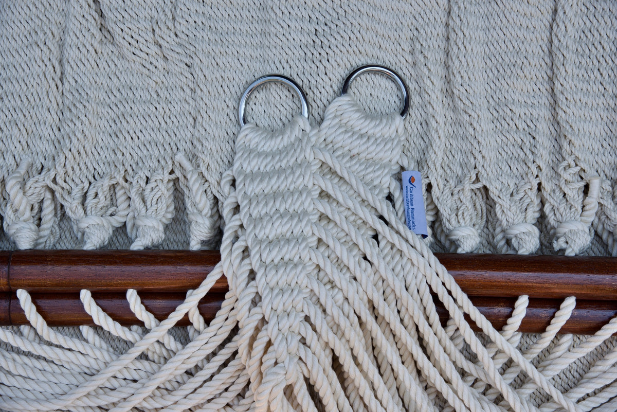 Stainless steel hanging rings, polyester end cords, and clew knot on a Cream Double Caribbean Hammock