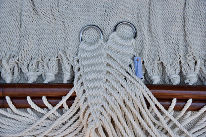 Stainless steel hanging rings, polyester end cords, and clew knot on a Cream Double Caribbean Hammock