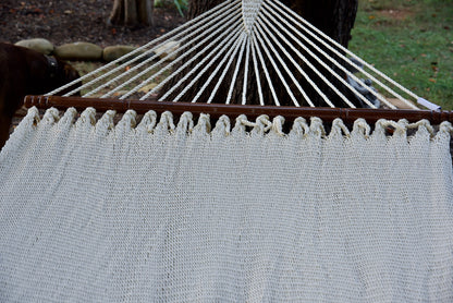 Hardwood spreader bar and fanned end cords on the Cream Double Caribbean Hammock