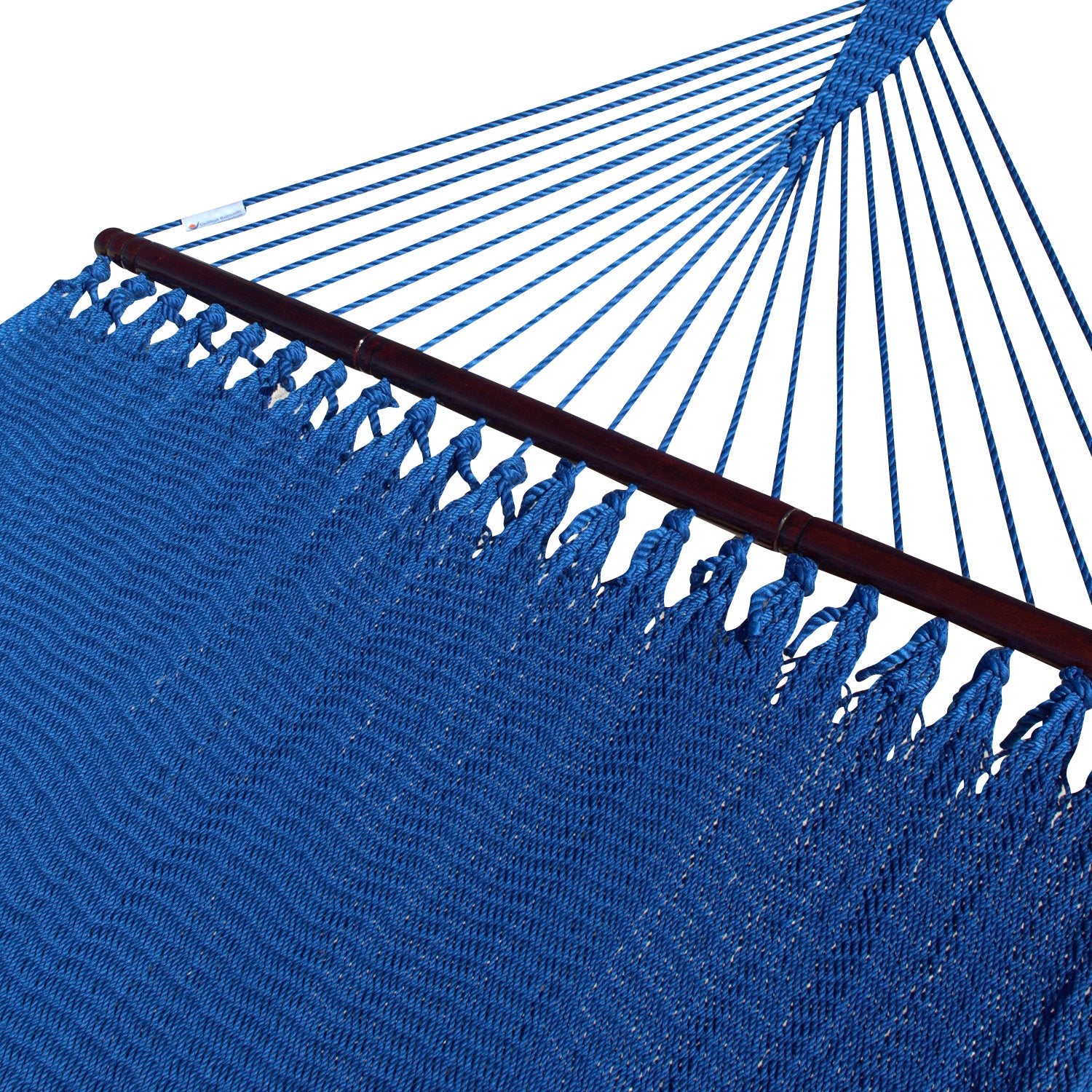 Dark Blue Double Caribbean Hammock with its 48-inch hardwood spreader bar and fanned end cords