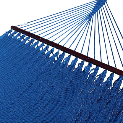 Dark Blue Double Caribbean Hammock with its 48-inch hardwood spreader bar and fanned end cords
