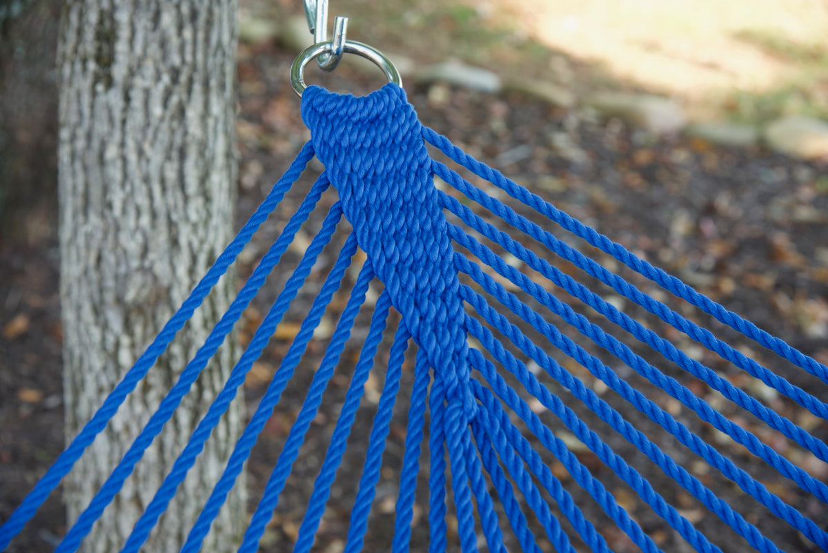 Clew knot on a Dark Blue Double Caribbean Hammock, polyester cords gathered into a stainless steel O-ring