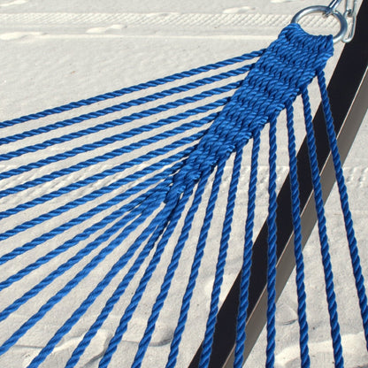 Close-up of the clew knot and stainless steel O-ring on the Dark Blue Double Caribbean Hammock