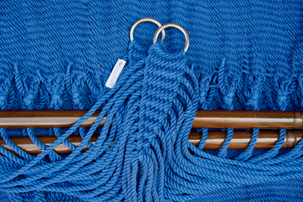 Stainless steel hanging rings, polyester end cords, and clew knot on a Dark Blue Double Caribbean Hammock