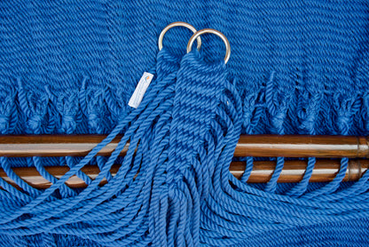 Stainless steel hanging rings, polyester end cords, and clew knot on a Dark Blue Double Caribbean Hammock