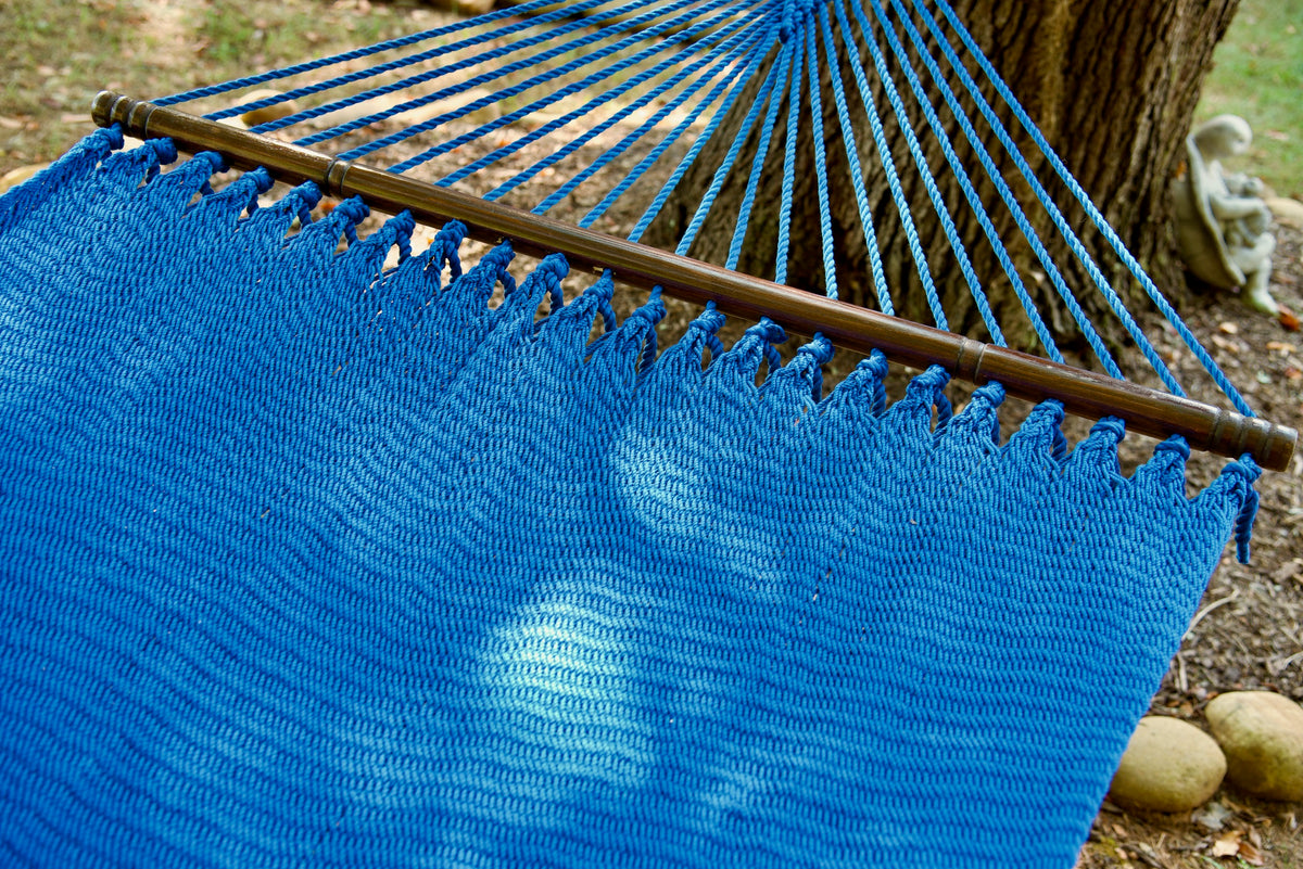 Hardwood spreader bar and fanned end cords on the Dark Blue Double Caribbean Hammock