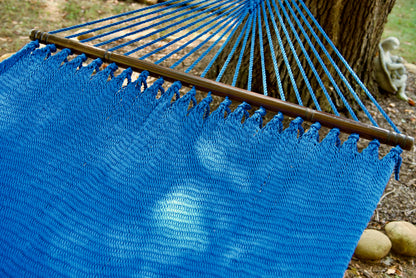Hardwood spreader bar and fanned end cords on the Dark Blue Double Caribbean Hammock