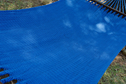 The full hand-woven bed of the Dark Blue Double Caribbean Hammock seen end to end