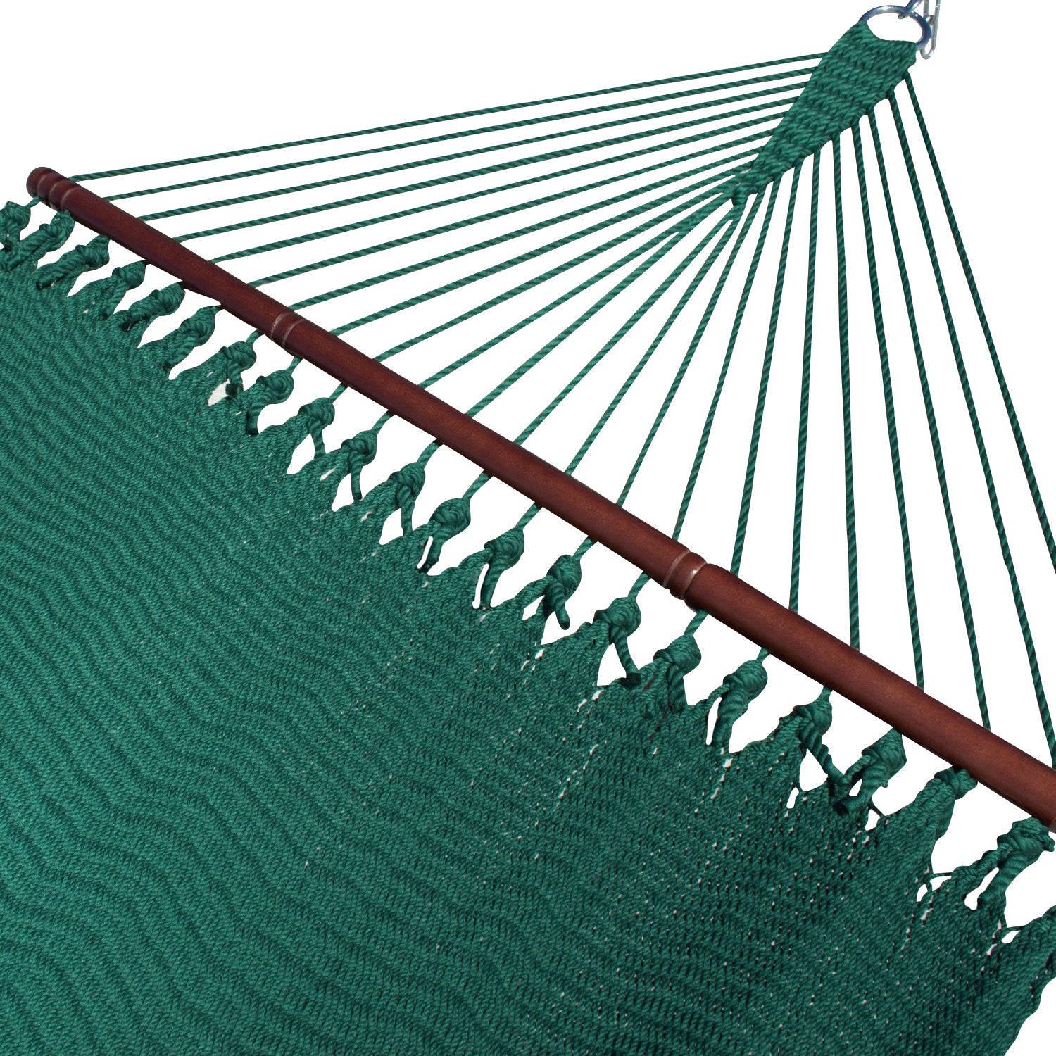 Green Double Caribbean Hammock with its 48-inch hardwood spreader bar and fanned end cords