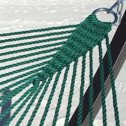 Close-up of the clew knot and stainless steel O-ring on the Green Double Caribbean Hammock