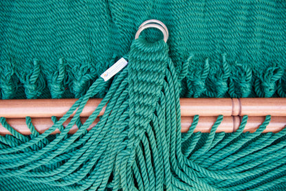 Stainless steel hanging ring, polyester end cords, and clew knot on a Green Double Caribbean Hammock