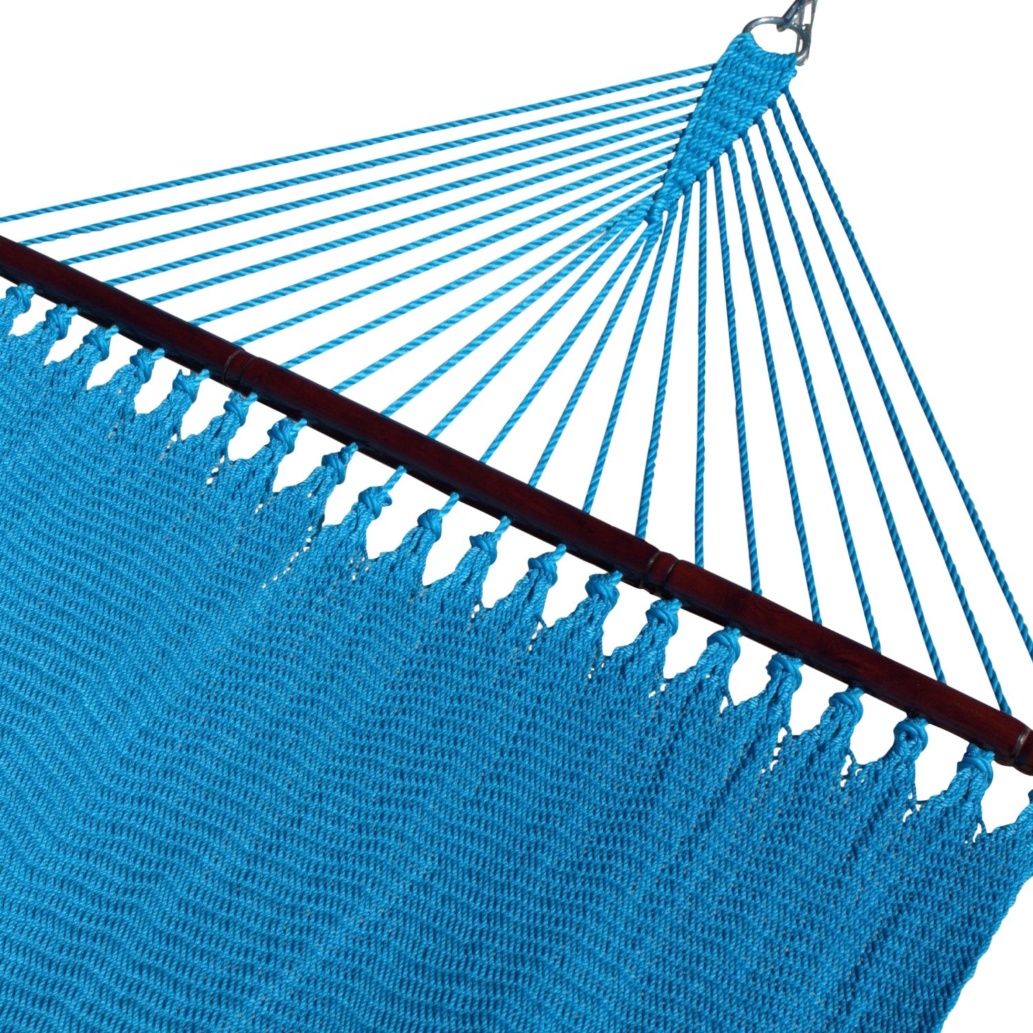 Light Blue Double Caribbean Hammock with its 48-inch hardwood spreader bar and fanned end cords