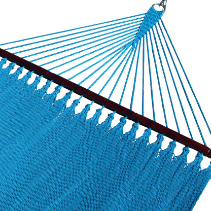 Light Blue Double Caribbean Hammock with its 48-inch hardwood spreader bar and fanned end cords
