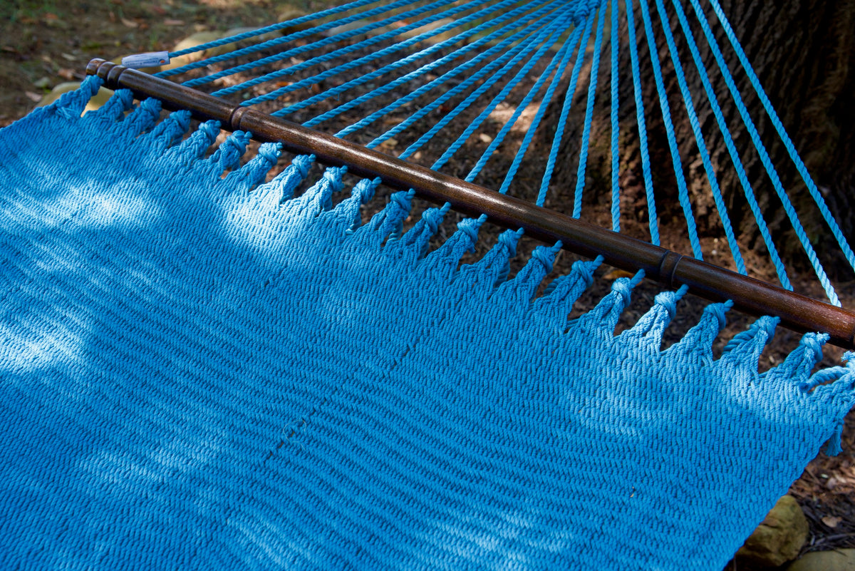 Hardwood spreader bar and fanned end cords on the Light Blue Double Caribbean Hammock