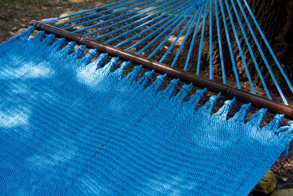Hardwood spreader bar and fanned end cords on the Light Blue Double Caribbean Hammock