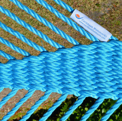 Close-up of the Caribbean Hammocks label on the end cords of the Light Blue Double Caribbean Hammock