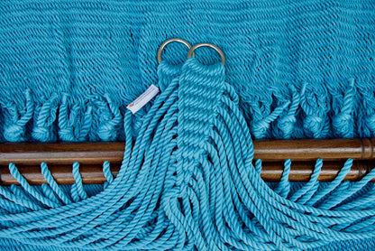 Stainless steel hanging rings, polyester end cords, and clew knot on a Light Blue Double Caribbean Hammock