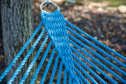 Clew knot on a Light Blue Double Caribbean Hammock, polyester cords gathered into a stainless steel O-ring