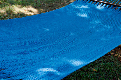 The full hand-woven bed of the Light Blue Double Caribbean Hammock seen end to end