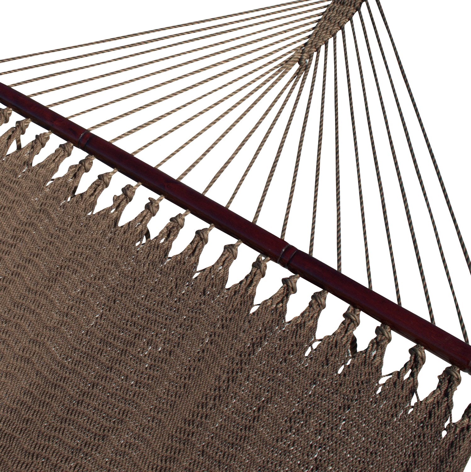 Mocha Double Caribbean Hammock with its 48-inch hardwood spreader bar and fanned end cords