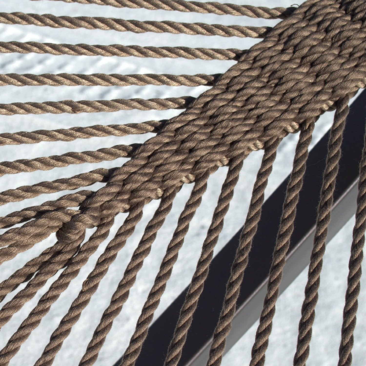 Close-up of the clew knot and stainless steel O-ring on the Mocha Double Caribbean Hammock