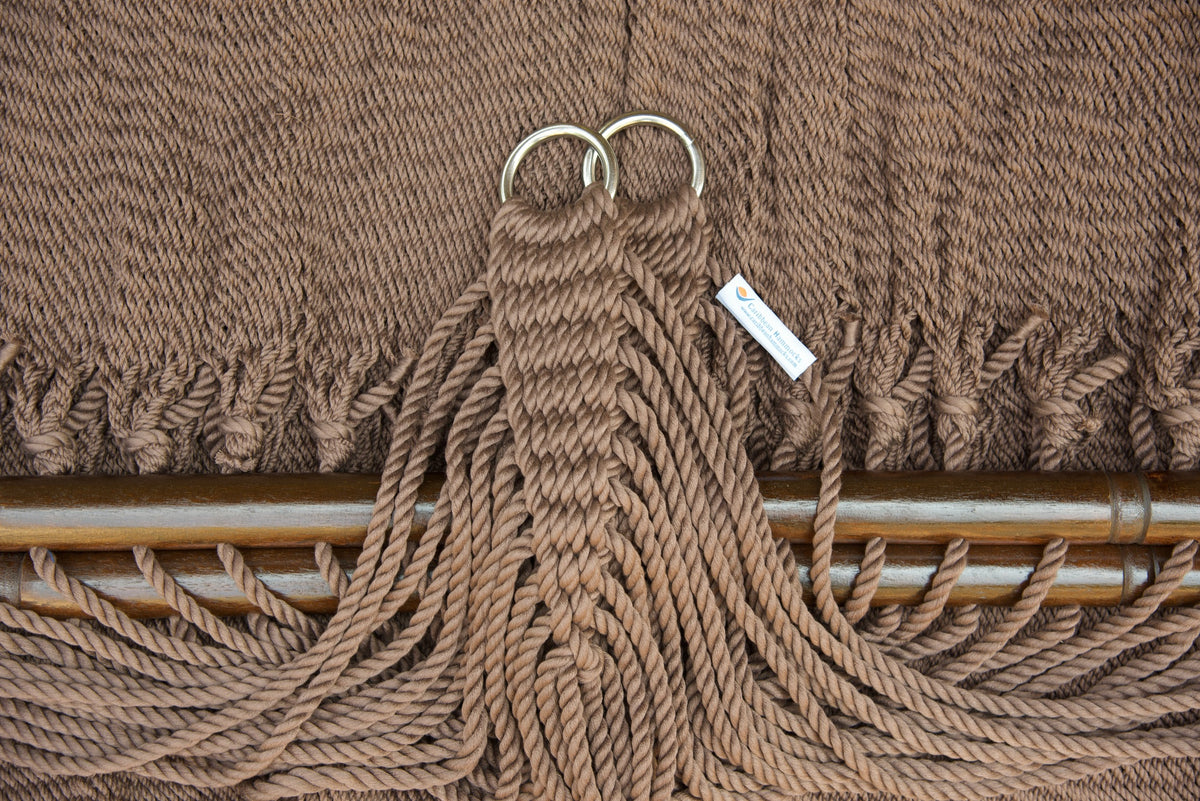 Stainless steel hanging rings, polyester end cords, and clew knot on a Mocha Double Caribbean Hammock