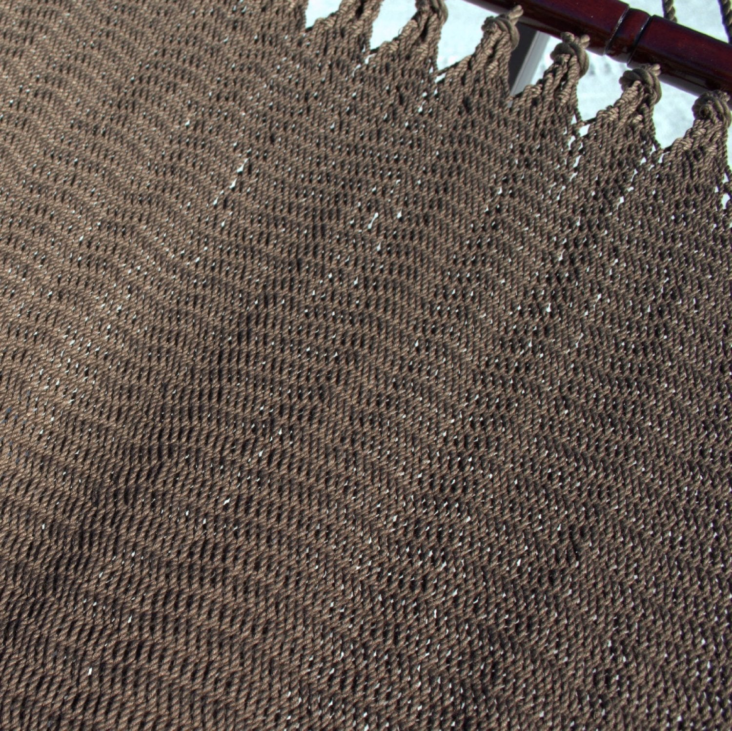 Close-up of the micro-weave polyester bed of the Mocha Double Caribbean Hammock