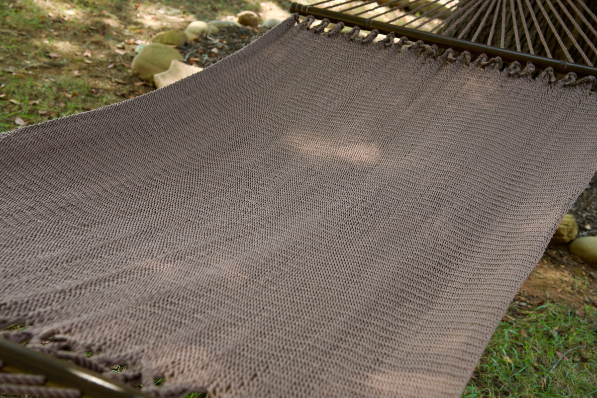 The full hand-woven bed of the Mocha Double Caribbean Hammock seen end to end