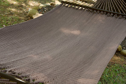 The full hand-woven bed of the Mocha Double Caribbean Hammock seen end to end