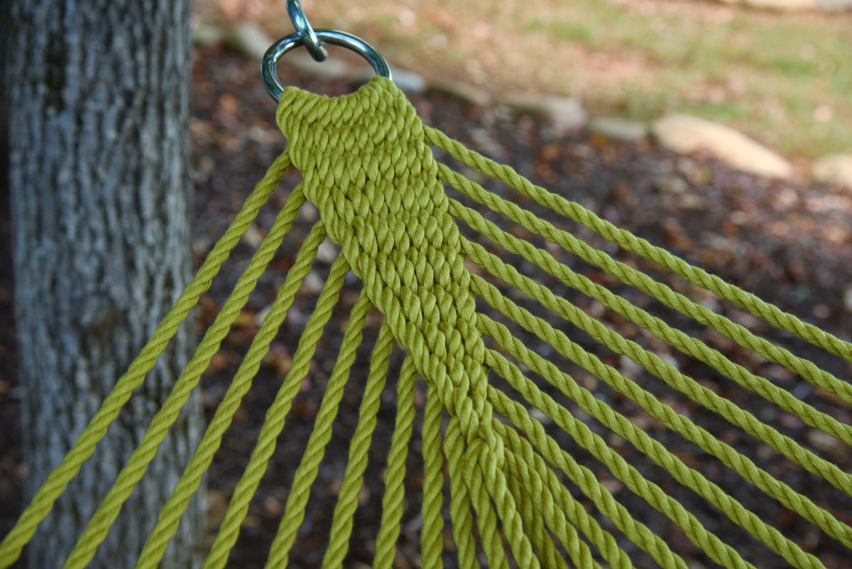 Clew knot on an Olive Double Caribbean Hammock, polyester cords gathered into a stainless steel O-ring