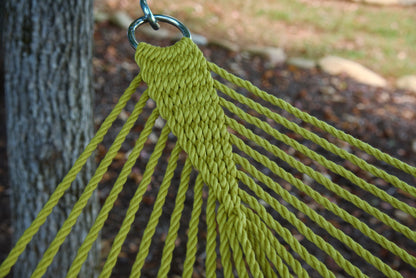 Clew knot on an Olive Double Caribbean Hammock, polyester cords gathered into a stainless steel O-ring