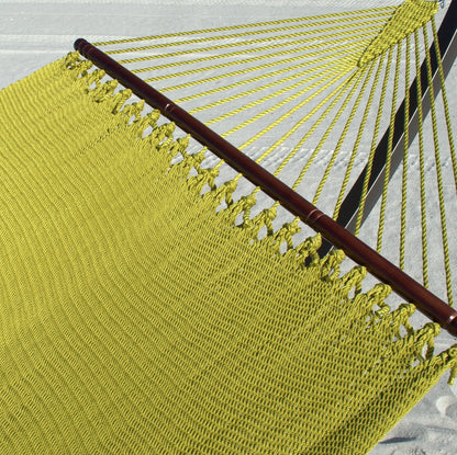 Close-up of the varnished hardwood spreader bar and end cords on the Olive Double Caribbean Hammock