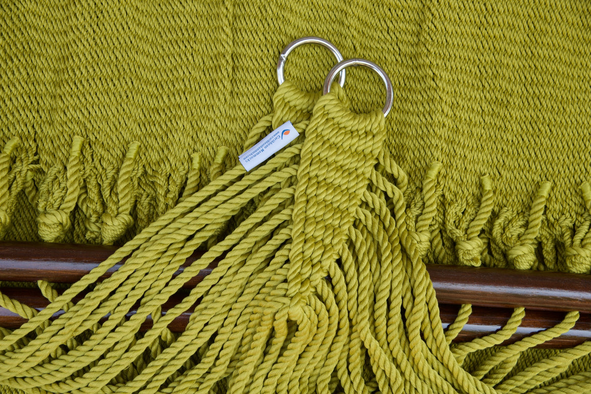 Stainless steel hanging rings, polyester end cords, and clew knot on an Olive Double Caribbean Hammock