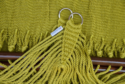 Stainless steel hanging rings, polyester end cords, and clew knot on an Olive Double Caribbean Hammock