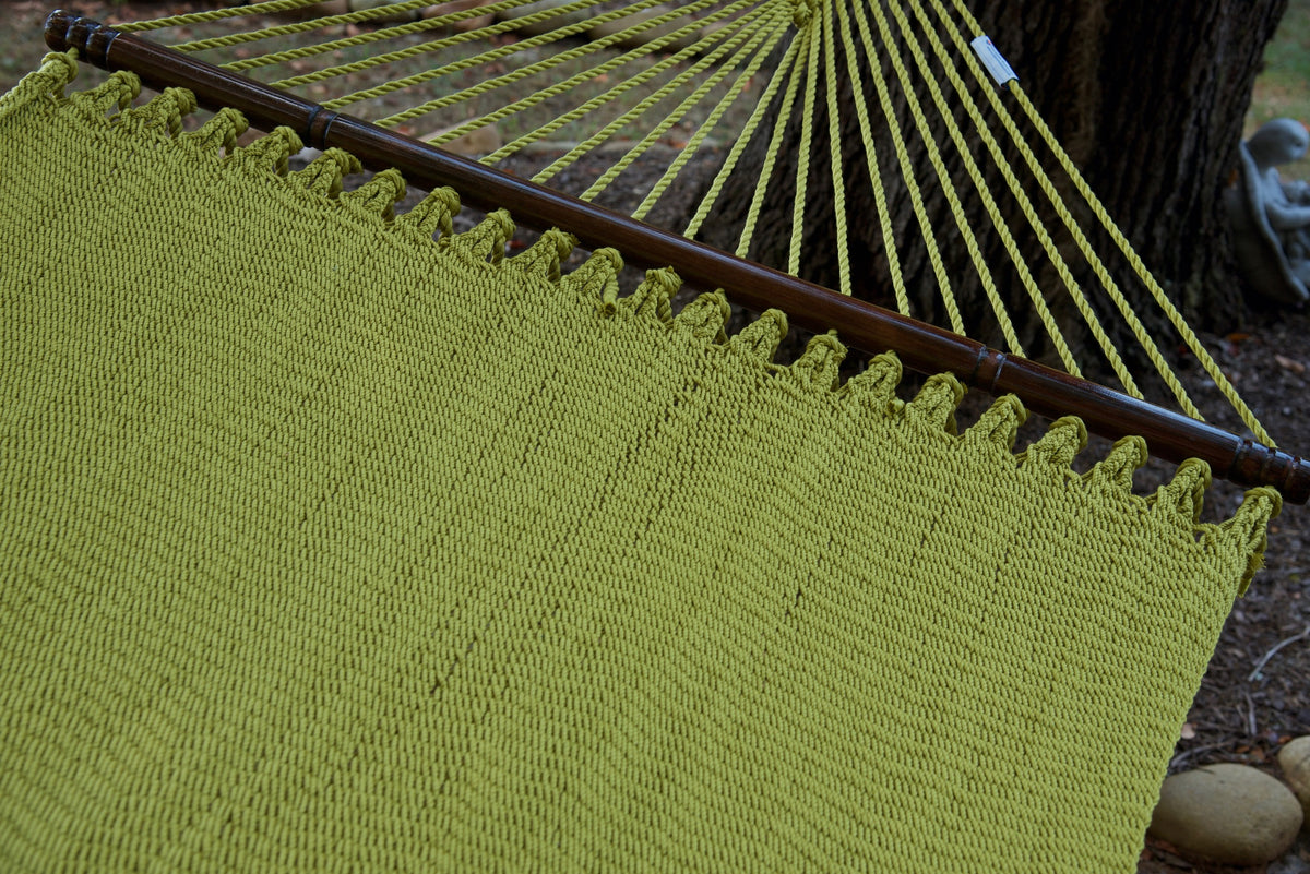 Hardwood spreader bar and fanned end cords on the Olive Double Caribbean Hammock